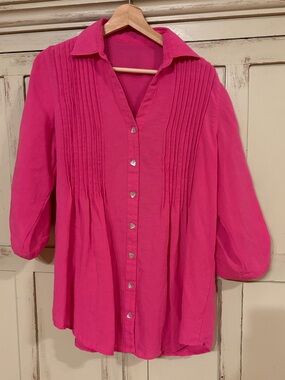 Fridaze Linen Pintuck Pleated Button Front Tunic Top Beach Lagenlook Barbie M